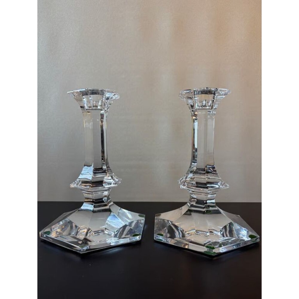 Pair Val St. Lambert Belgium Crystal ELYSEE 7" Candlesticks, Signed